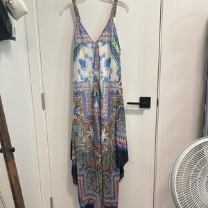 new directions Paisley & Tile Print V-Neck Maxi Dress in Blue and White